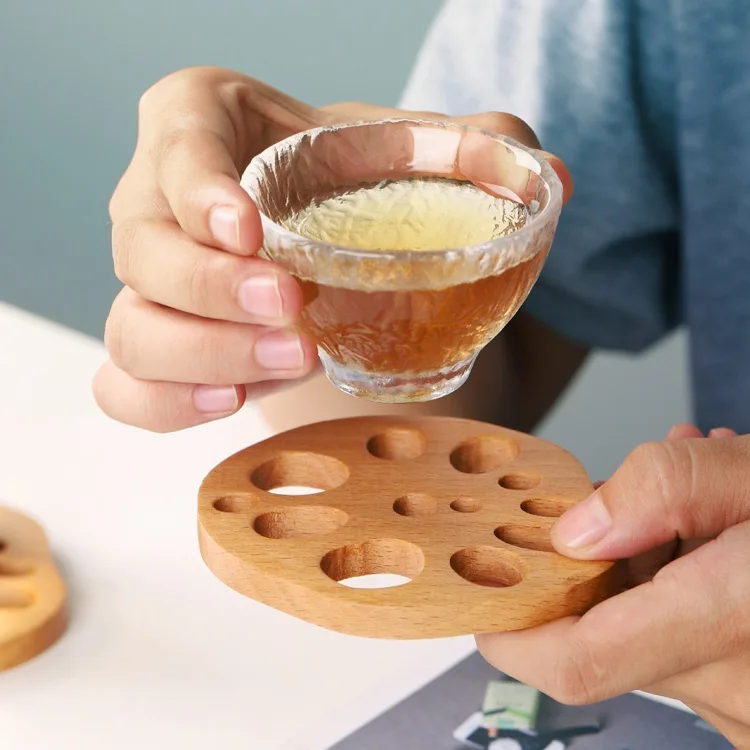 factory direct sale lotus root slices shape beech wood cup mat coaster 8.5x9.5cm
