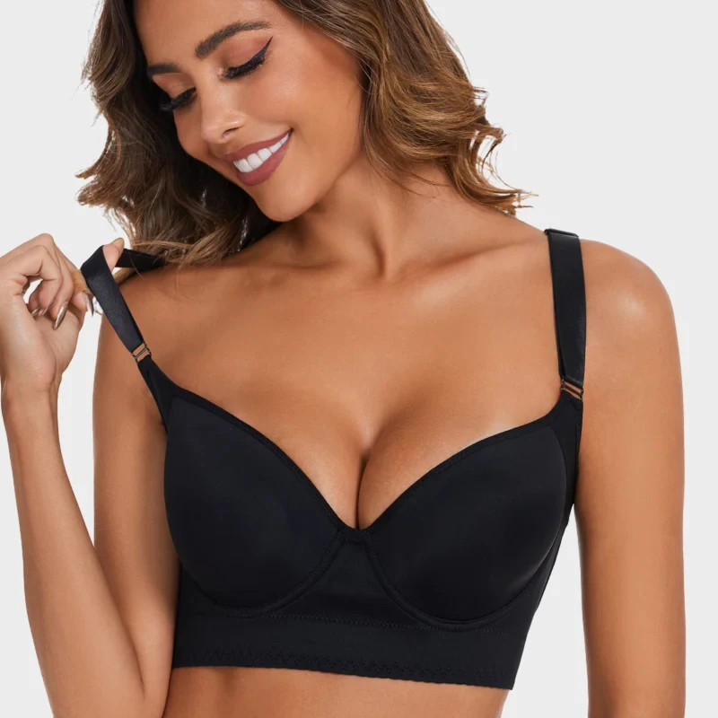 New Plus Size Women Solid Soft Underwear Wide Back Beautiful Back Deep V Big Chest Vest Adjustable Gathered Full Cup Bra