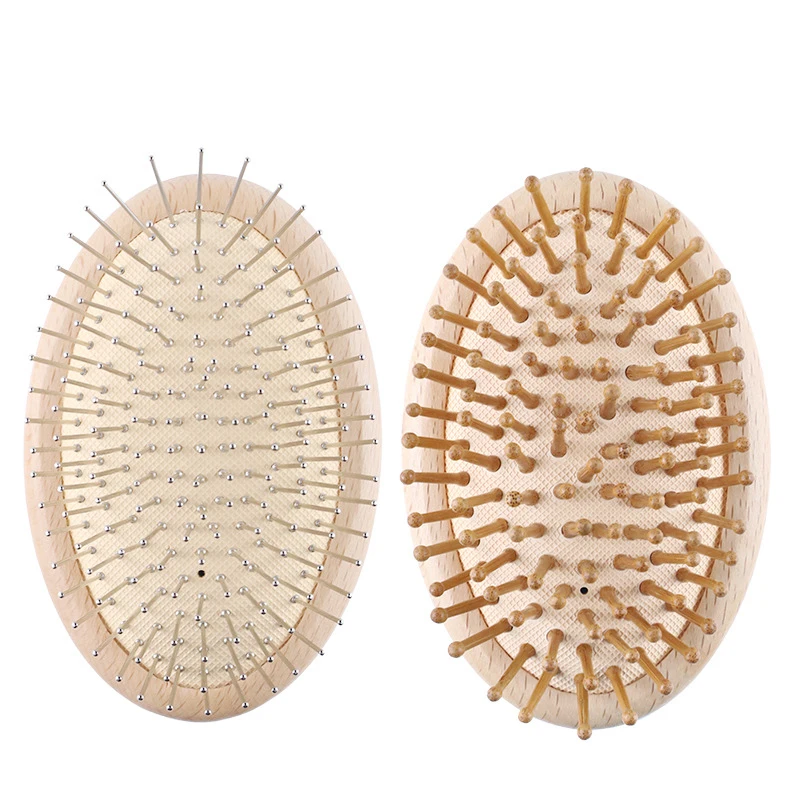 Bamboo Hairdressing Oval Shape Detangling Stainless Steel Bristle Healthy Hair Growing  Scalp Massage Comb Hairbrush