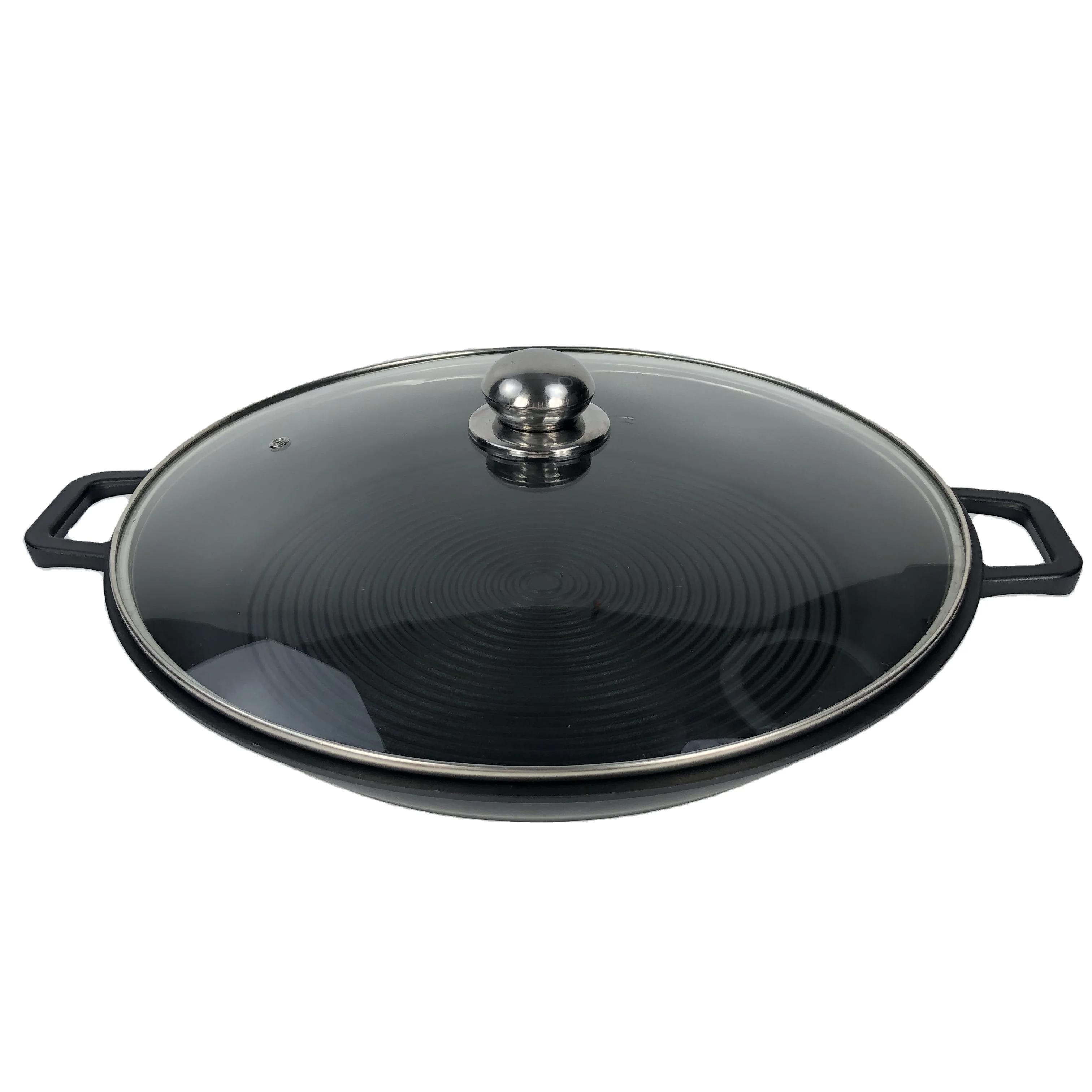36 cm round grill plate stove griddle with glass lid nonstick seafood paella pan with grips for steak BBQ
