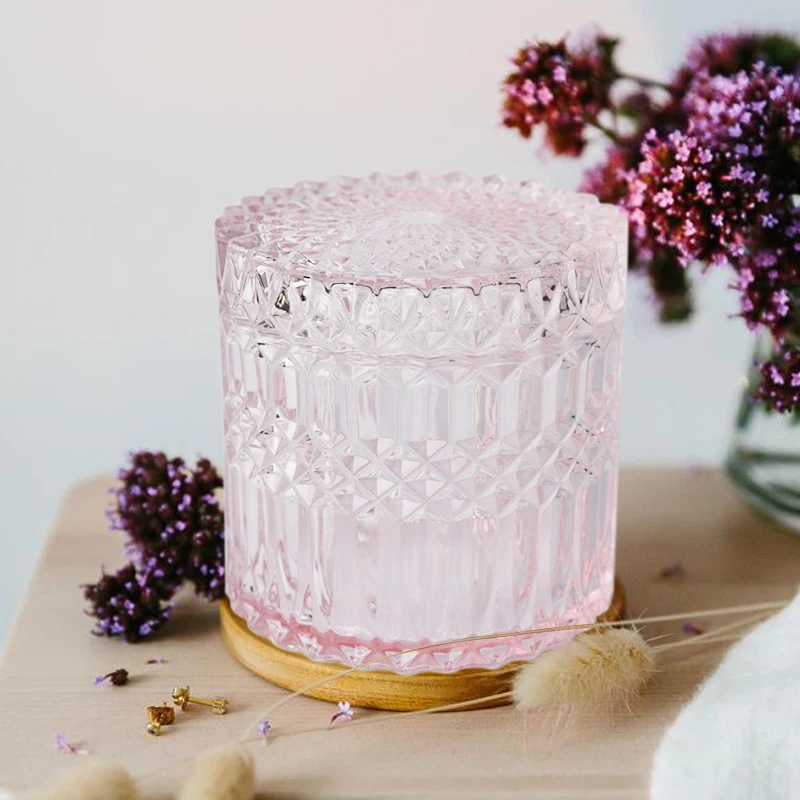 8 oz luxury iridescent geo cut glossy glass candle jar with lid wholesales