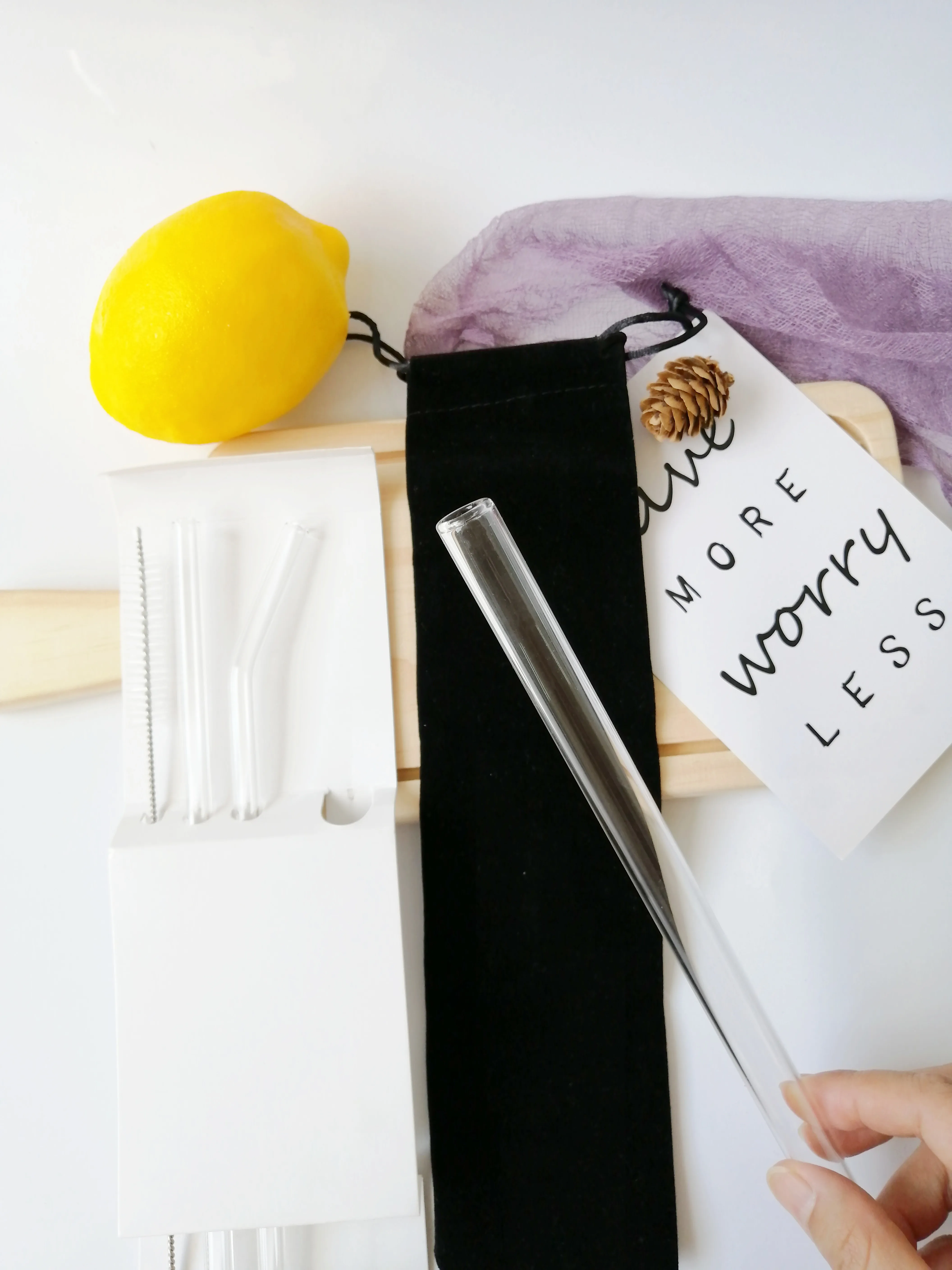 Reusable Glass Straw  3+1 Set  Eco Friendly Borosilicate Glass Drinking Boba Straw 14mm with  Pouch Bag Printed