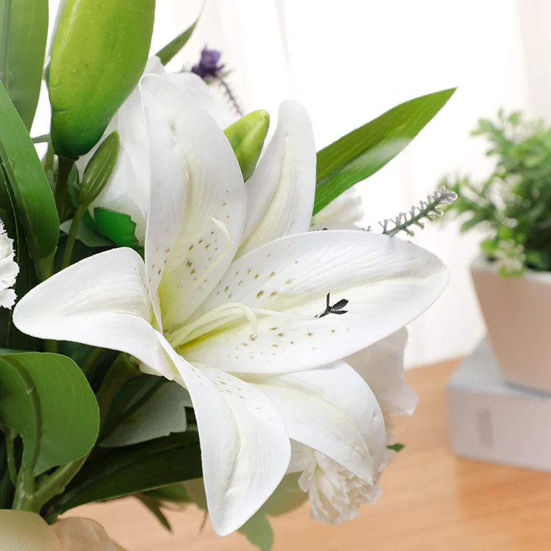 Artificial Flower lily  With leaf Hemp Rope Wedding  flower Bridal Bouquet