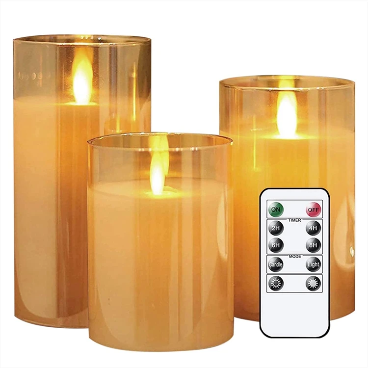 Home Decorative Set Of 3 Amber Glass LED Candle  With Remote  Moving Flameless Candles