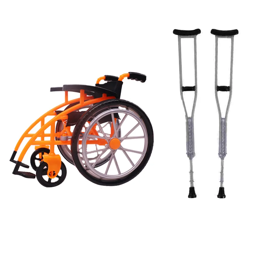 new arrival 1/6 scale 30 cm doll toy simulation miniature plastic wheelchair crutch set model pendulum folding wheelchair toy