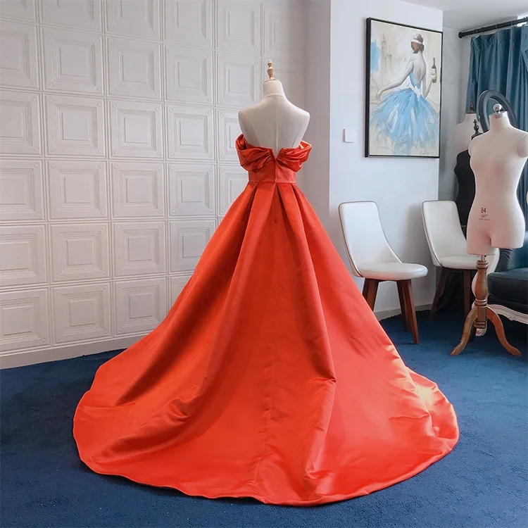 satin wedding dress bride gown prom dress orange color off shoulder long tailing zipper
