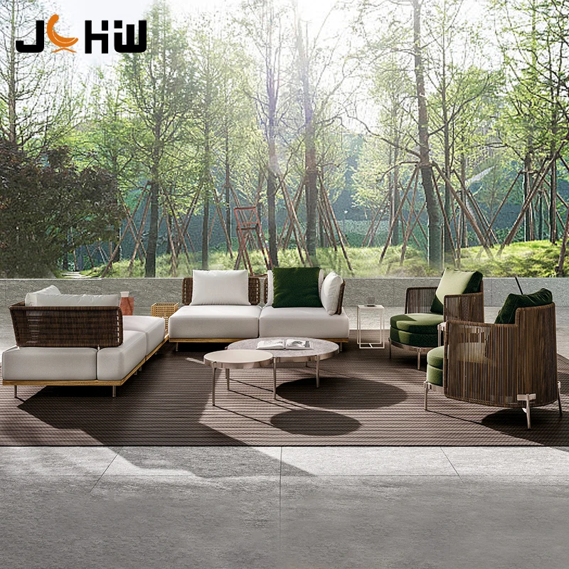 Factory direct teak hotel villa backyard garden furniture teak wood rattan patio sofa set garden sofa