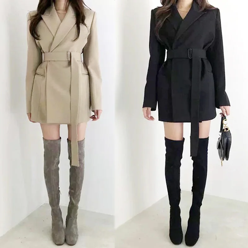 Women Autumn Elegant Lapel Waist Tight Blazer Slimming Solid Color Suit Coat Female Long Sleeve Belt Jacket