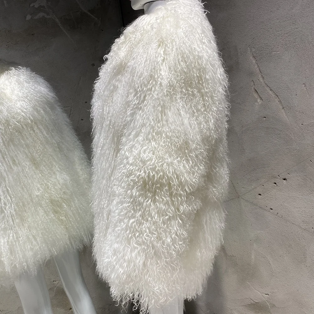 2024 Winter warm white mongolian fur coats wholesale white fluffy sheep fur coat real curly fur coat women