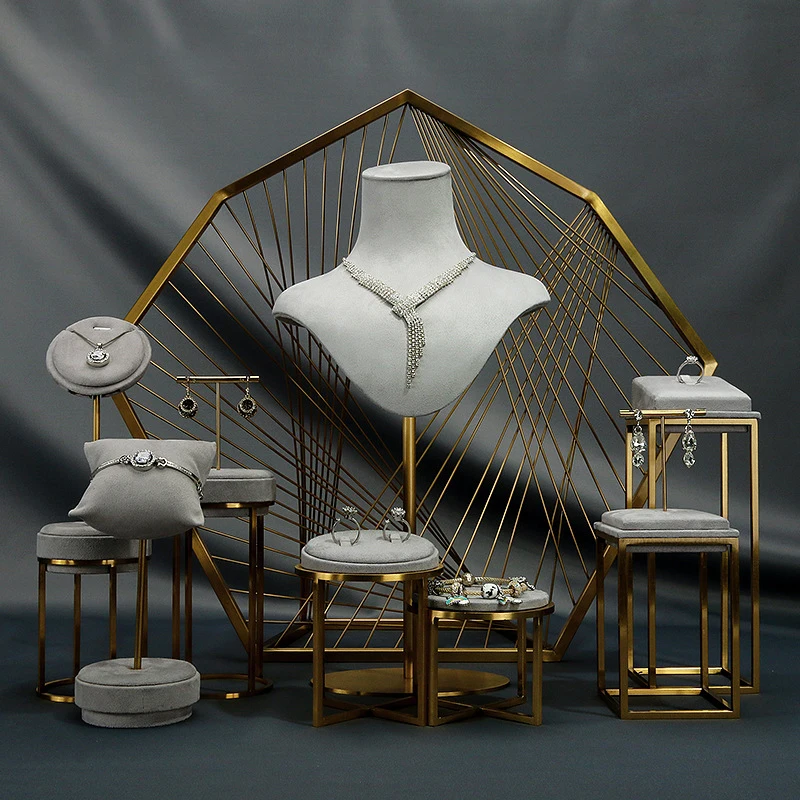 Custom LOGO Luxury Jewelry Rack Shop Store Showcase Exhibitor Metal Jewelry display Stand Set