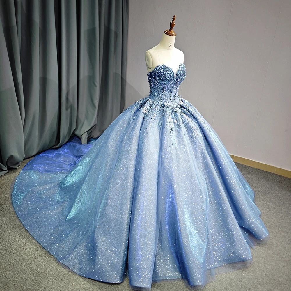 Бренд сделанный на заказ синие платья Quinceanera милое кружевное пышное платье принцессы с бисером вечернее 6750