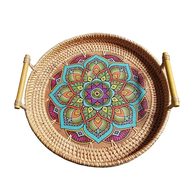 Hot Sale Autumn Rattan Woven Storage Tray Three Sets Of Rattan Round Wicker Tray Used For Drinks Snacks Tray