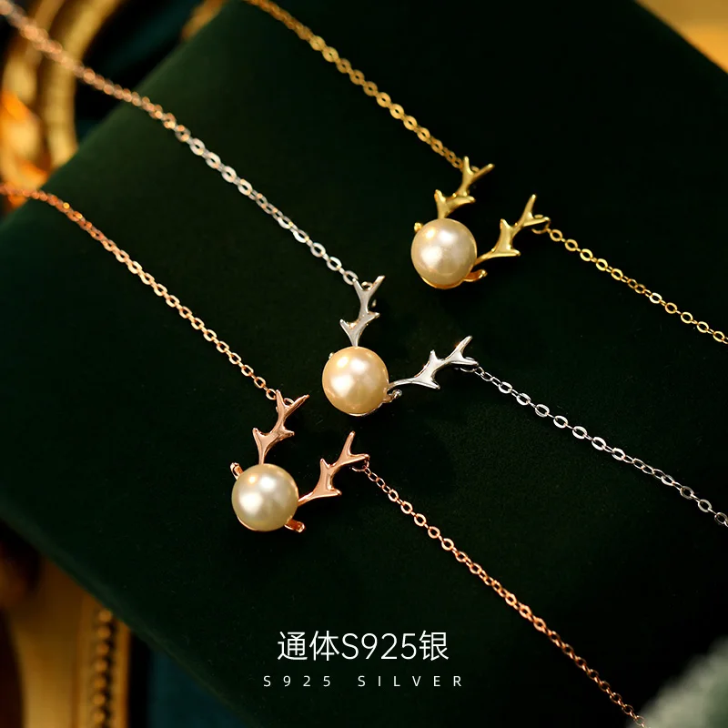 Christmas 925 Sterling Silver Fine Jewelry Pearl Antler Pendant Necklace Jewelry for Women