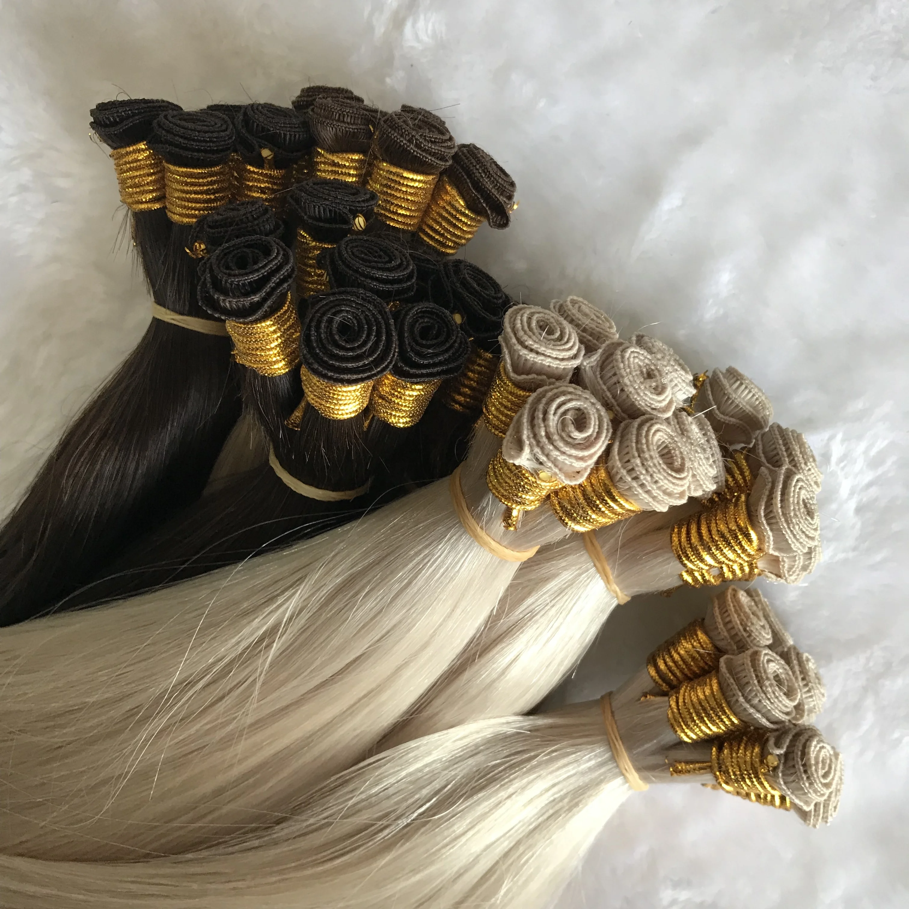 Remy Mongolian Full Hand Tied Weft Hair Extensions beaded rows hand tied weft wholesale hair  supply