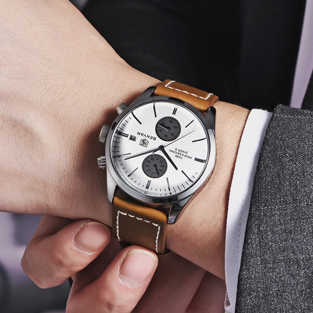 BENYAR 5187 2024 New Multifunctional Quartz Leather Watch with mens business and Leisure Calendar custom logo watch