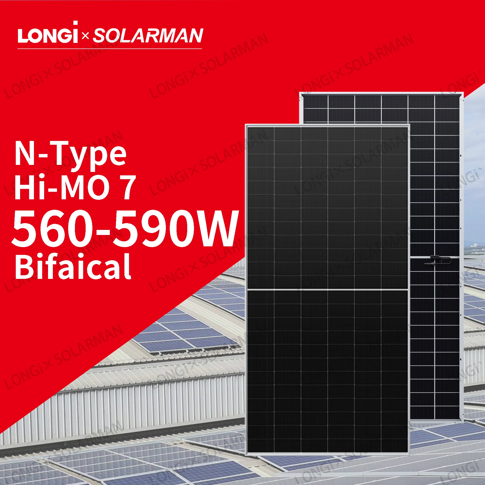 LONGi Hi-MO 7 LR5-72HGD 560-590M N Type Topcon Bifaical Dual Glass Solar Panels LONGi Bifacial Solar Panels 570W 575W 580W 585W