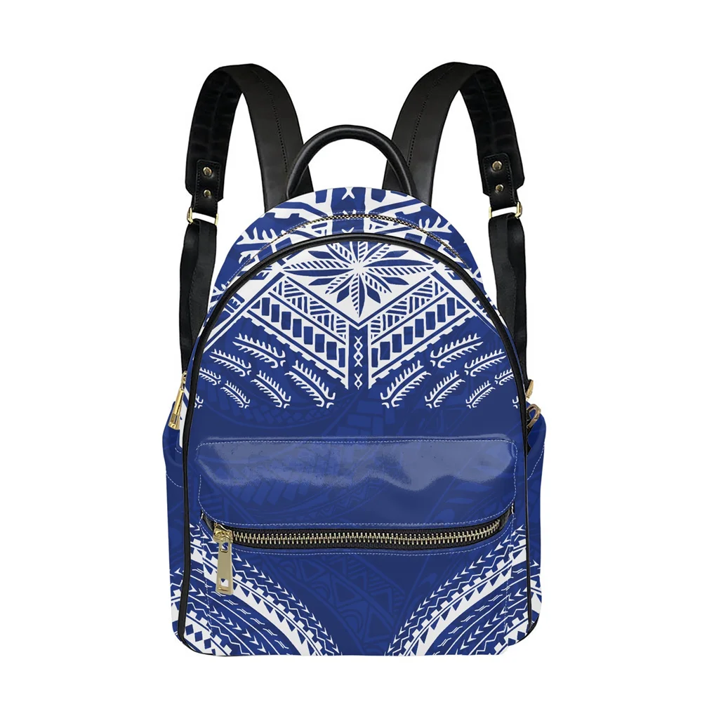 wholesale Custom Women Leather Shoulders Backpack Luxury Fashion Polynesian Tribal Classical Tattoos Print Casual Blue Backpack