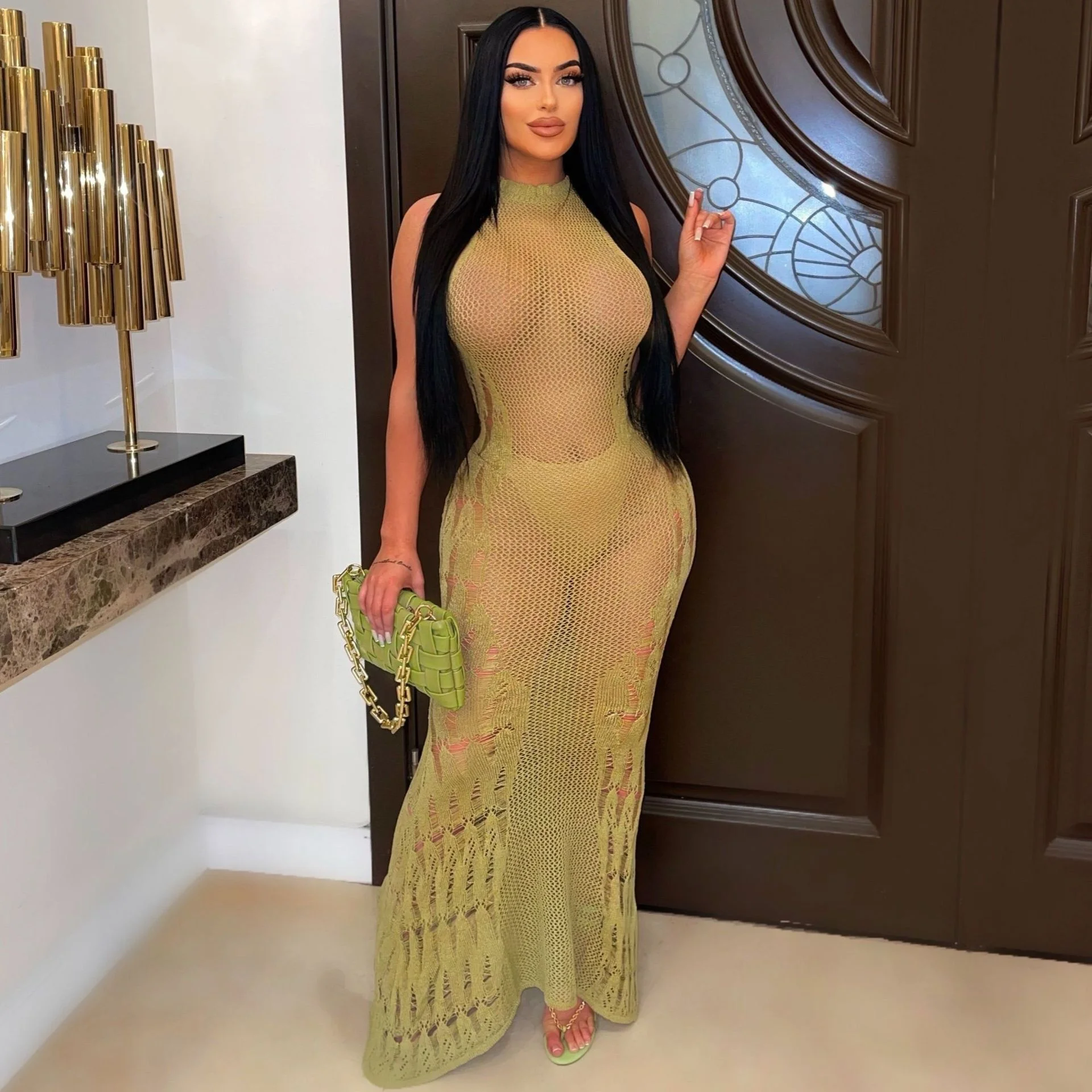 Wholesale hollow out coverups beachwear sexy long beach dresses women summer sheer knitted crochet beach cover ups