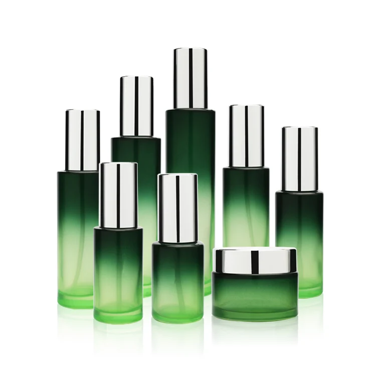 Color luxury cosmetic packaging glass bottle set green round cosmetic bottles and jars skincare moisturize glass lotion bottle