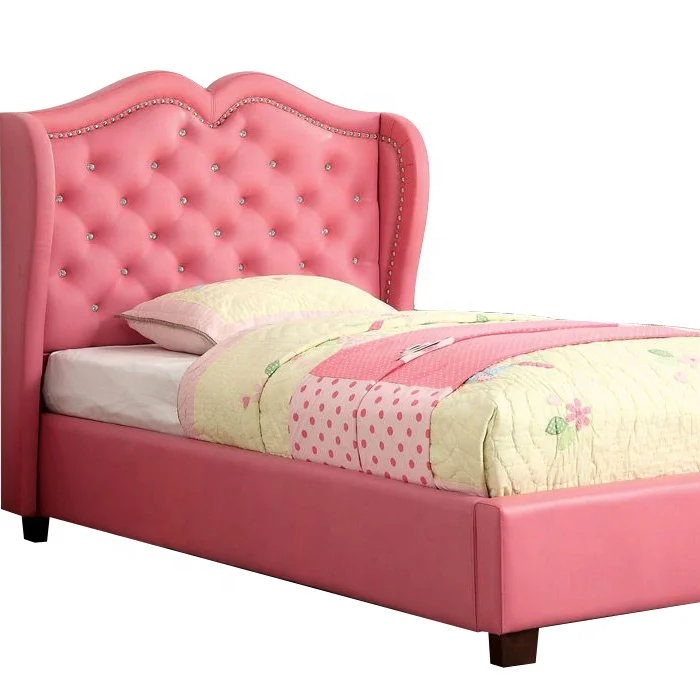 2021 latest design luxury dreamy high quality bed frame with crystal button on curved headboard for girl bedroom