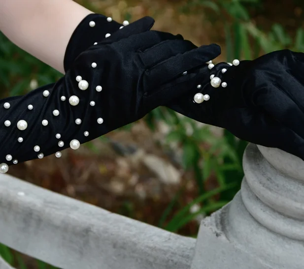 Black satin gloves girl pearl gloves bride wedding accessories