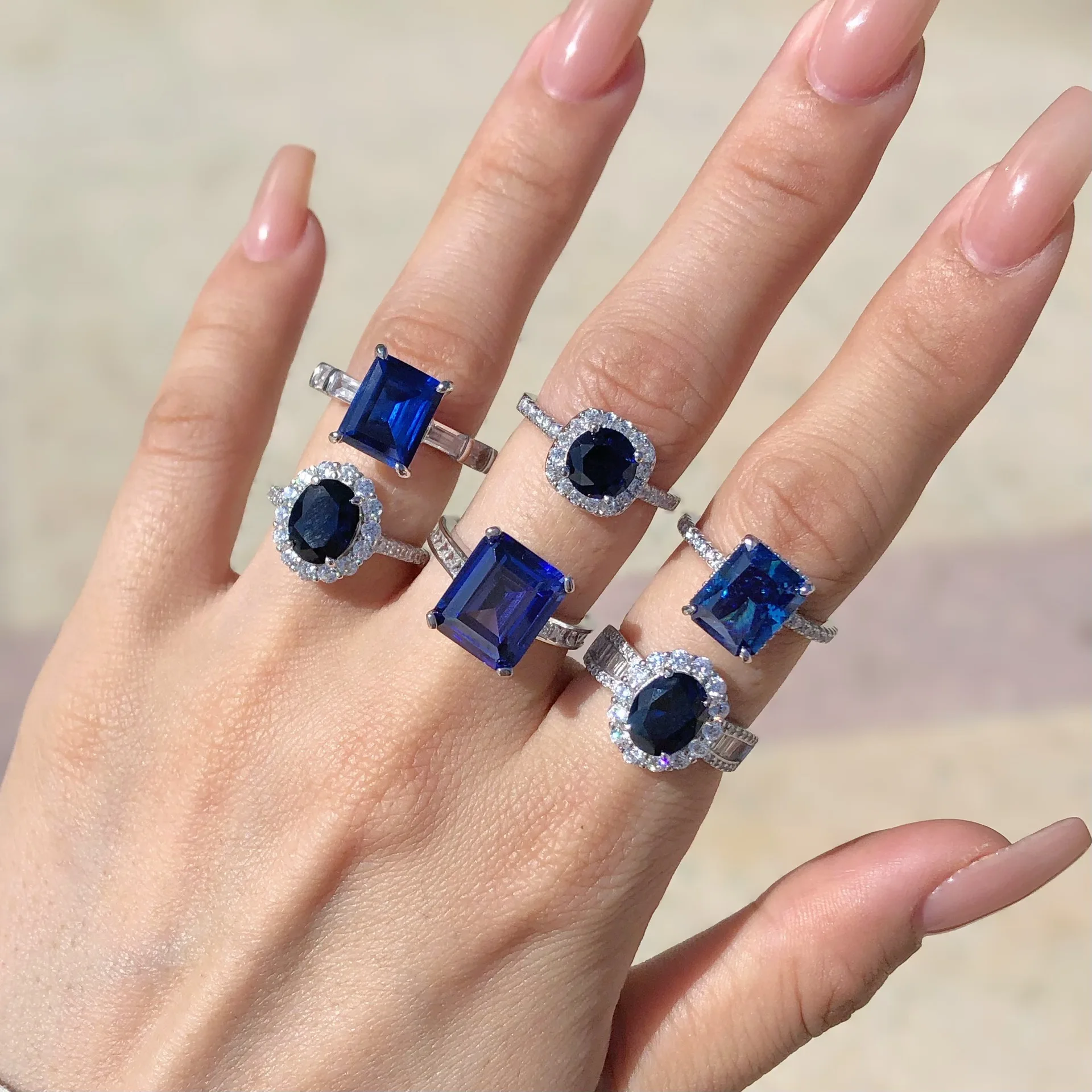 High Quality S925 Sterling Silver Blue Ring Trendy Eternity Band 5A Cubic Zirconia Rings Jewelry Women Engagement Wedding Ring