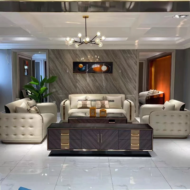 Italian modern luxury art Style leather sofa Set villa Living Room Modern Furniture Leather 1+2+3 sectional grey leather sofa