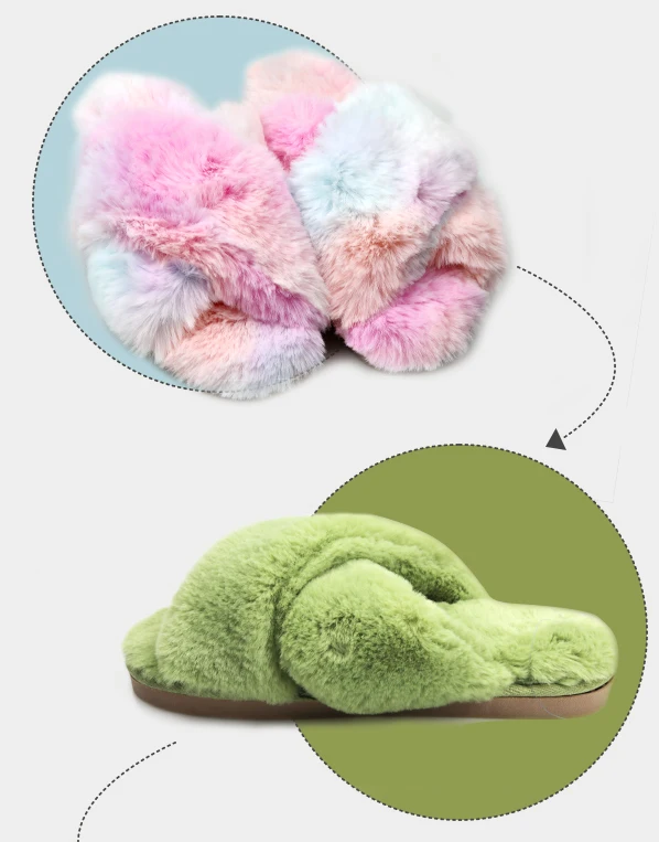 Fashionable Cross Strap Tpr Sole Winter Fluffy Fuzzy Indoor Plush Faux Fur Home Slippers For Women Lady