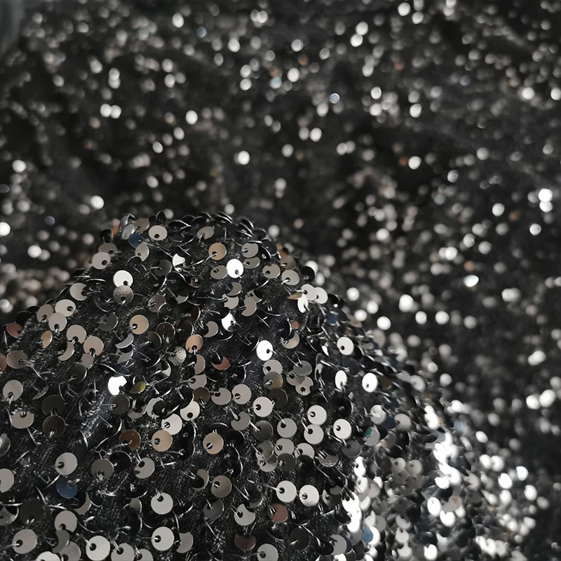 High Quality French African Stretch Glitter Polyester Embroidery 5mm Black Velvet Sequins Lace Fabric For Wedding Dress