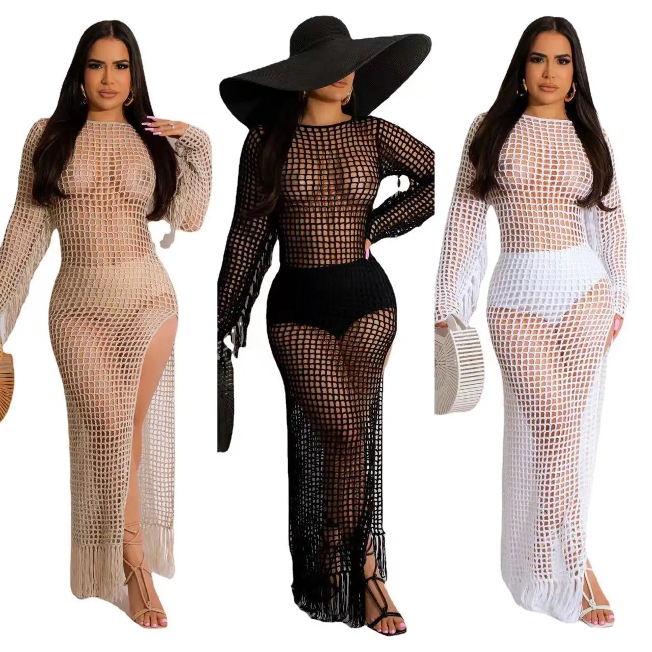 New Arrivals Knitted Crochet Sexy Hollow Tassel Beach Dress Holiday Long Skirt Bikini Cover Up Sunscreen Dress
