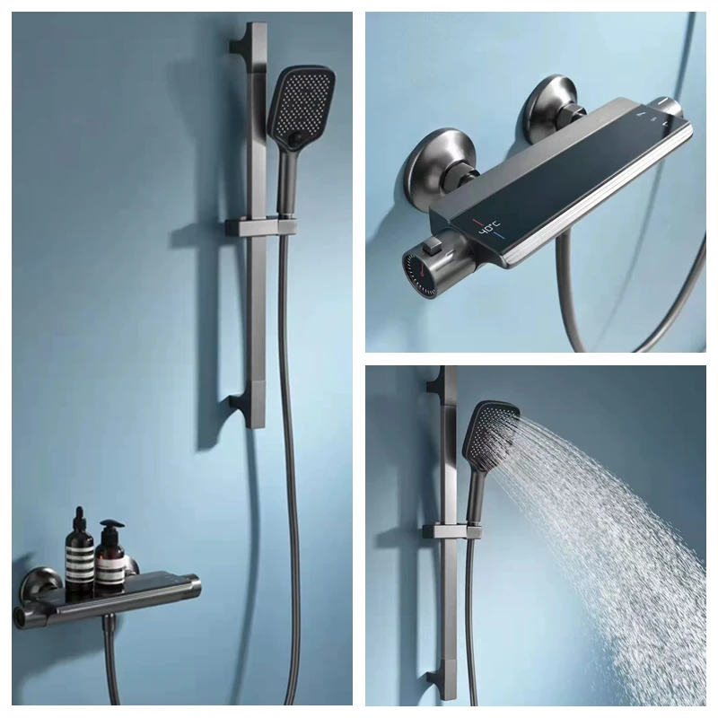 Ningjie newest  wall-mounted brass thermostat bath shower set bathroom shower faucet
