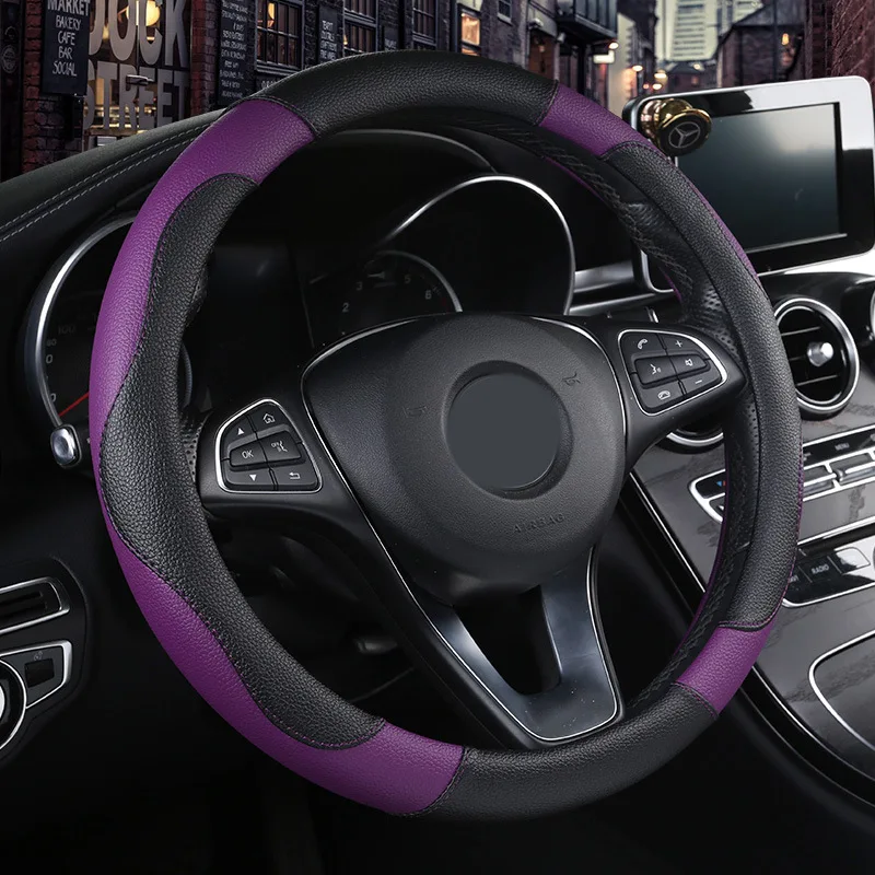 New 38cm Round And D Shape Leather With Carbon Fiber Steering Wheel Cover With Rubber Ring For Universal Car