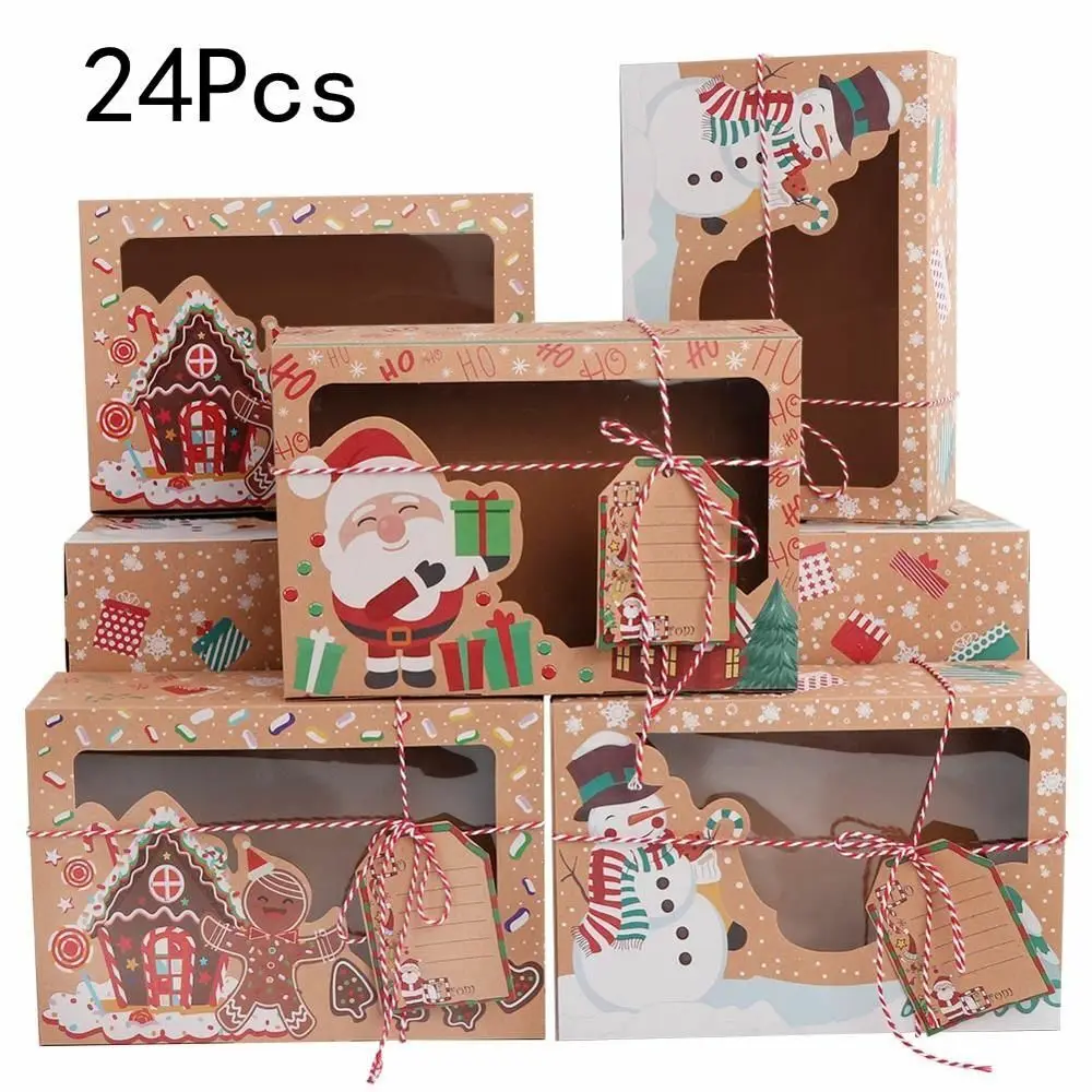 Kraft Paper Box Christmas Cookie Boxes Party Kids New Year Cookie Kraft Paper Candy Gift Boxes Bags with Window Gift Label