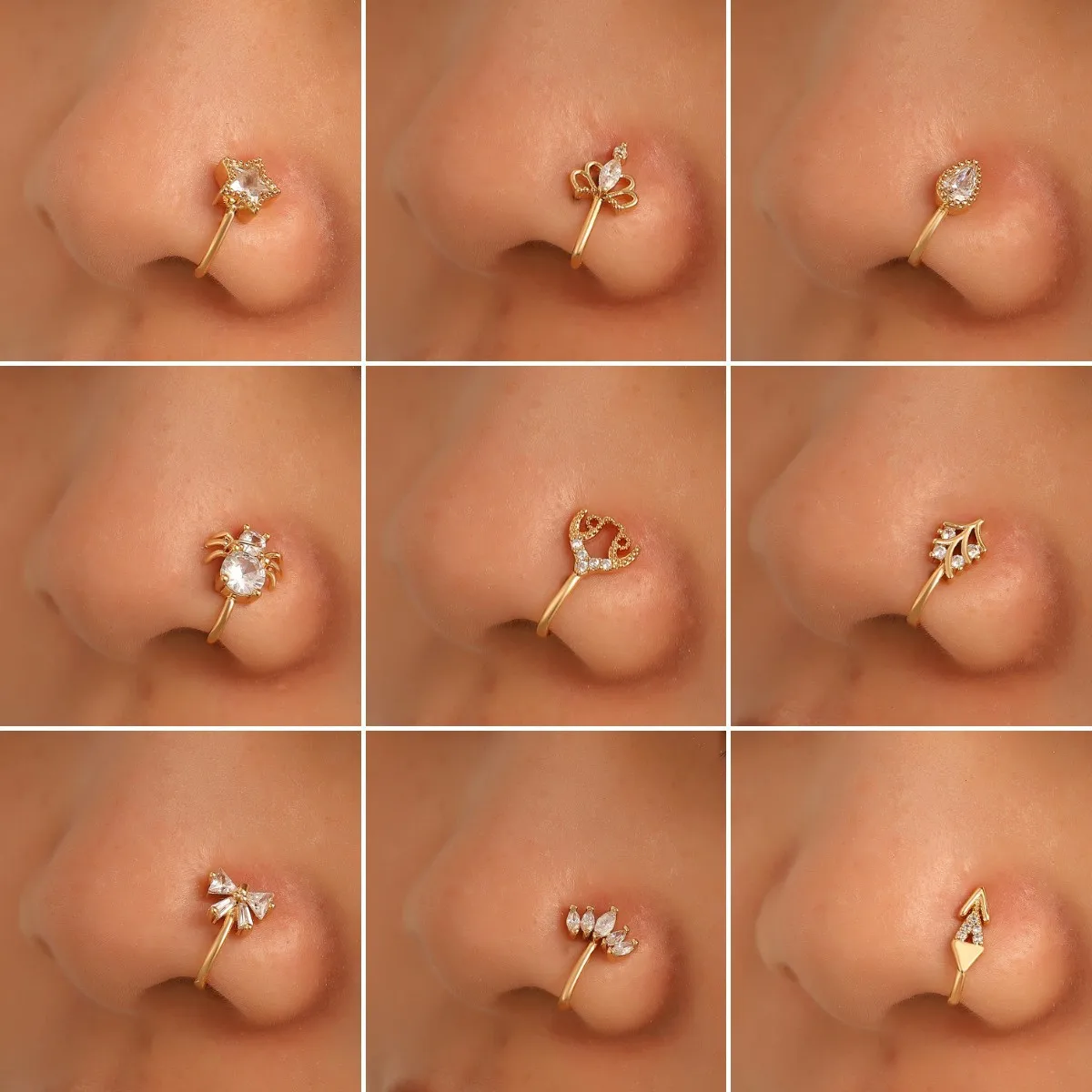2022 New Trendy Luxury 20 Styles Arrow butterfly Crown Bee love Heart Gold Plated U Shape Non Piercing Nose Rings