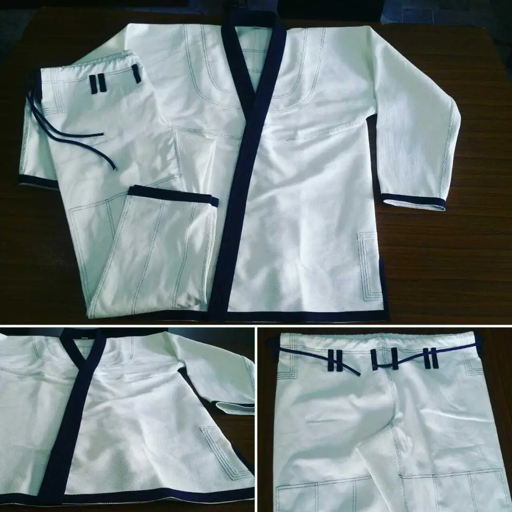 100% cotton Pre-shrunk bjj gi brazilian jiu jitsu gi TAILORED FIT JIU-JITSU KIMONO White BJJ JUDO GI with Navy Blue LAPEL, Trim