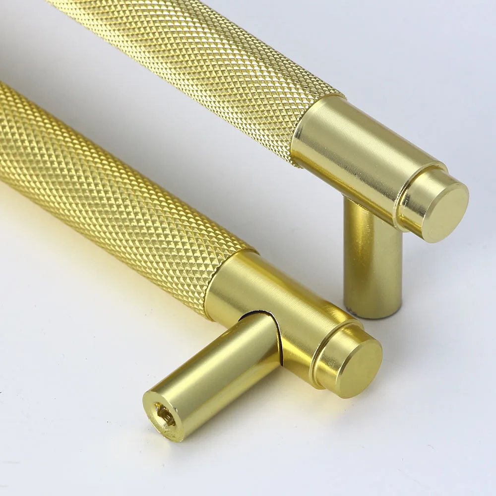 Gold knurled pull furniture handles & knobs round aluminum bar for closet cabinet door