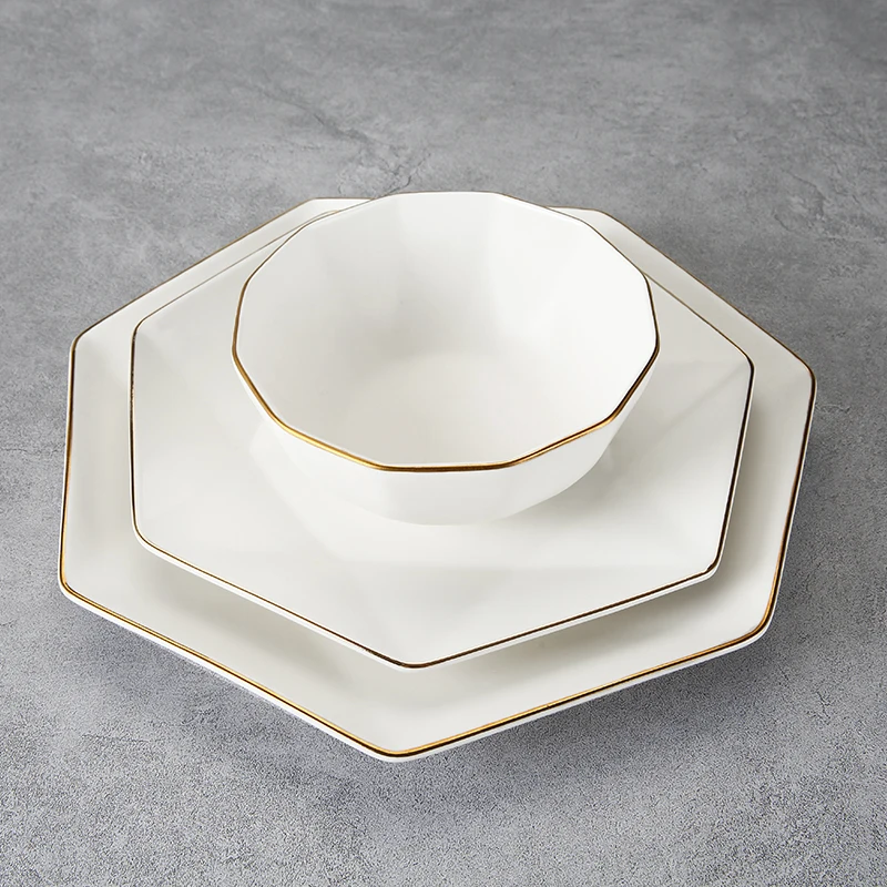 WEIYE 2021porcelain dinnerware luxury gold rim crystal shape white ceramic dinner set matte ceramic plate