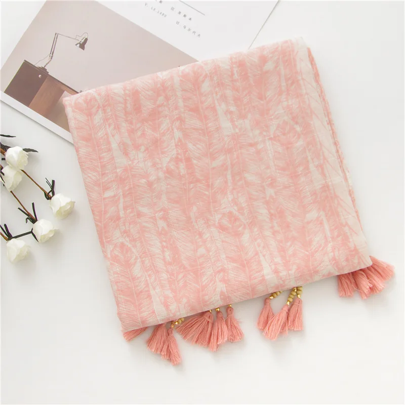 Elegant Autumn Winter Japanese Style Scarf New Feather Printing Wooden Beads Tassel Ethnic Voile Shawl