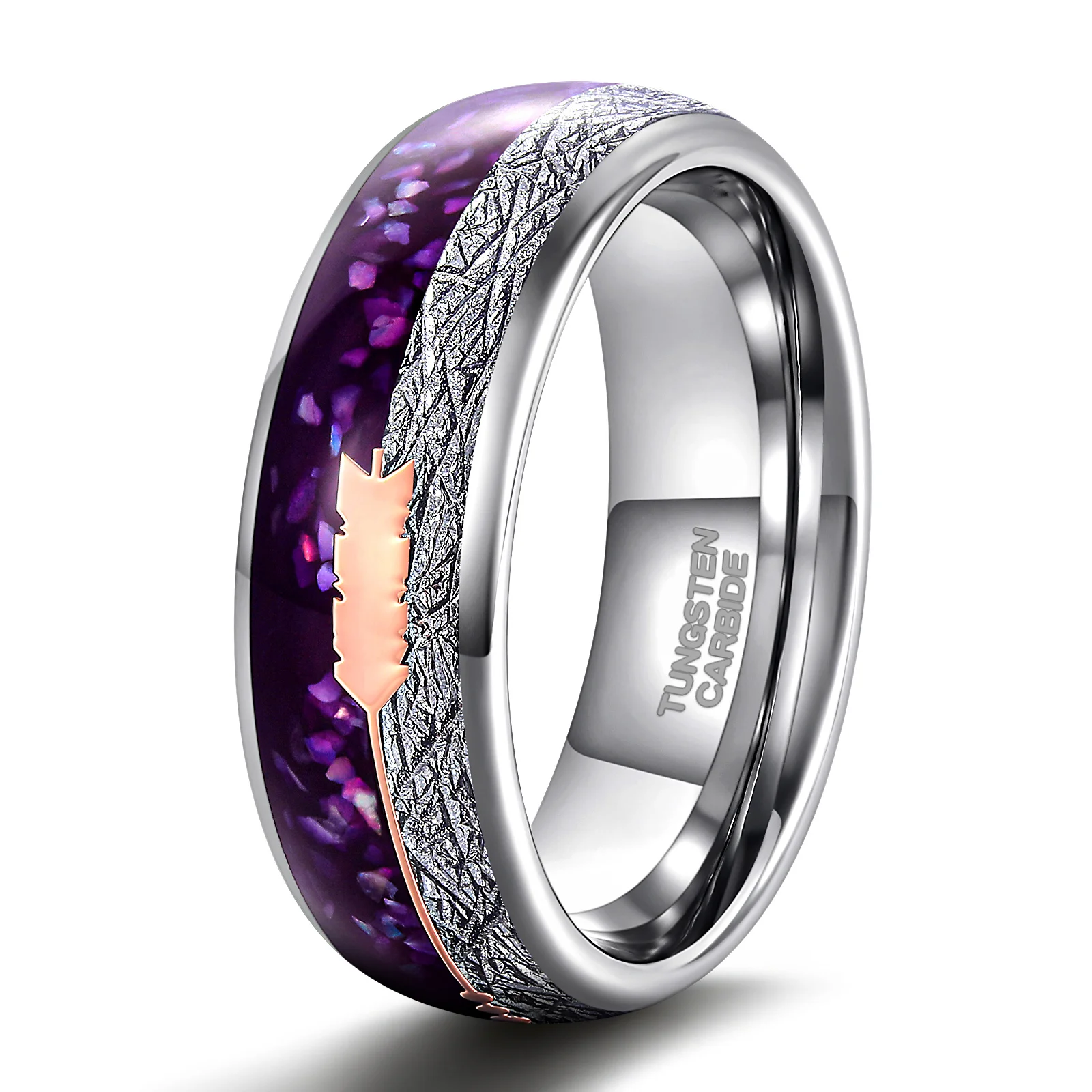 OAHLAN 8mm Rose Gold Arrow Purple Agate &Meteorite Domed Ring Men Women Wedding Engagement Bands High Polish Tungsten Ring