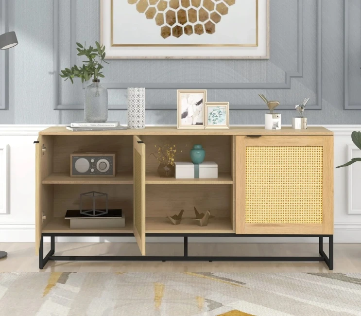Oak Sideboard Buffet Cabinet, Accent Storage Cabinet with 3 Rattan Doors, Modern Storage Console Table