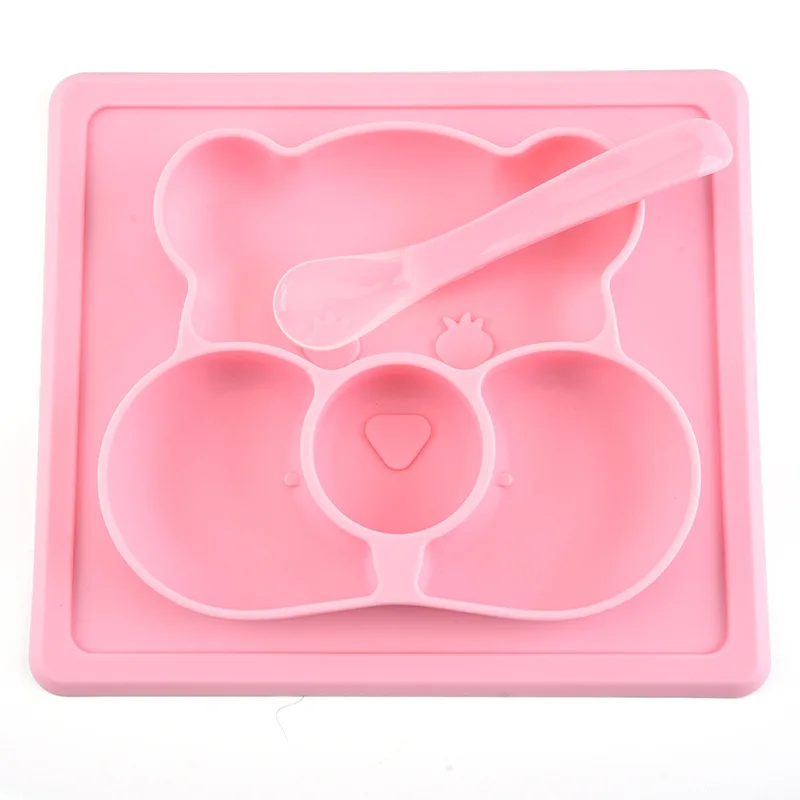 BPA Free Food Grade Silicone Cartoon Baby Feeding Plate Dinner Tableware Silicone Children Baby Divided Plate Mat With Spoon