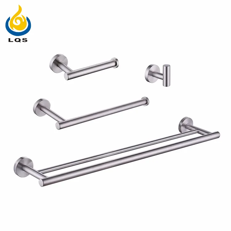 LQS High quality four-piece toilet brush stainless steel washroom satin bathroom accessories sets for hotel