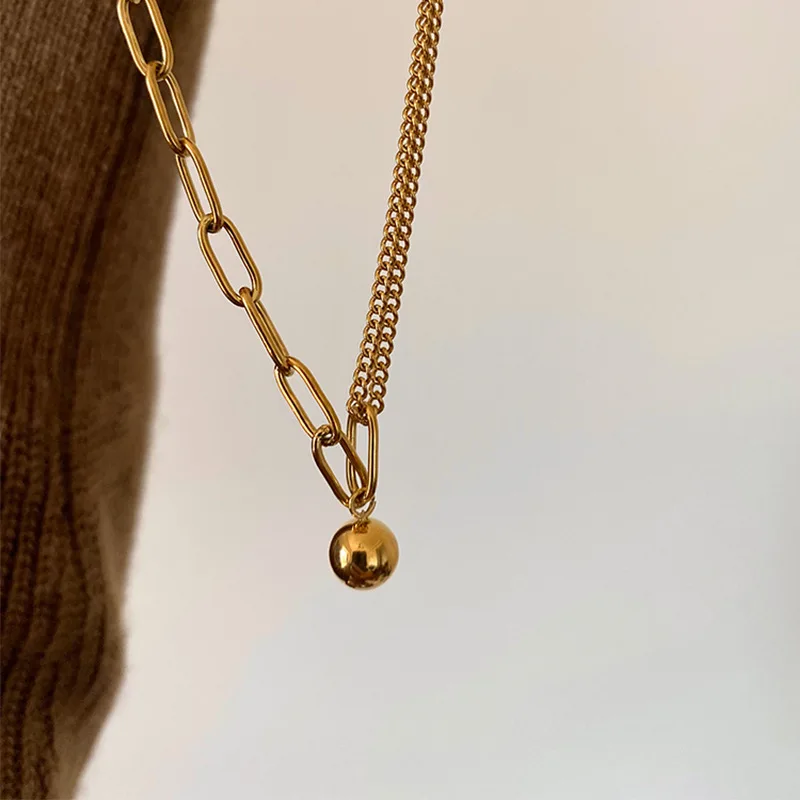 18k Gold Plated Stainless Steel Necklace Double Layer Chain Stitching Clavicle Chain Ball Pendant Necklace Jewelry