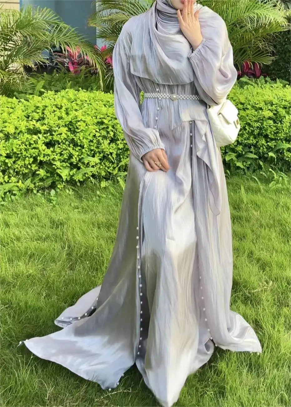 2024 U.Chic Hand Stitched Beads Abaya Dubai Dresses Bright Silk Open Front Abaya With Sleeveless Muslim Dresses For Women