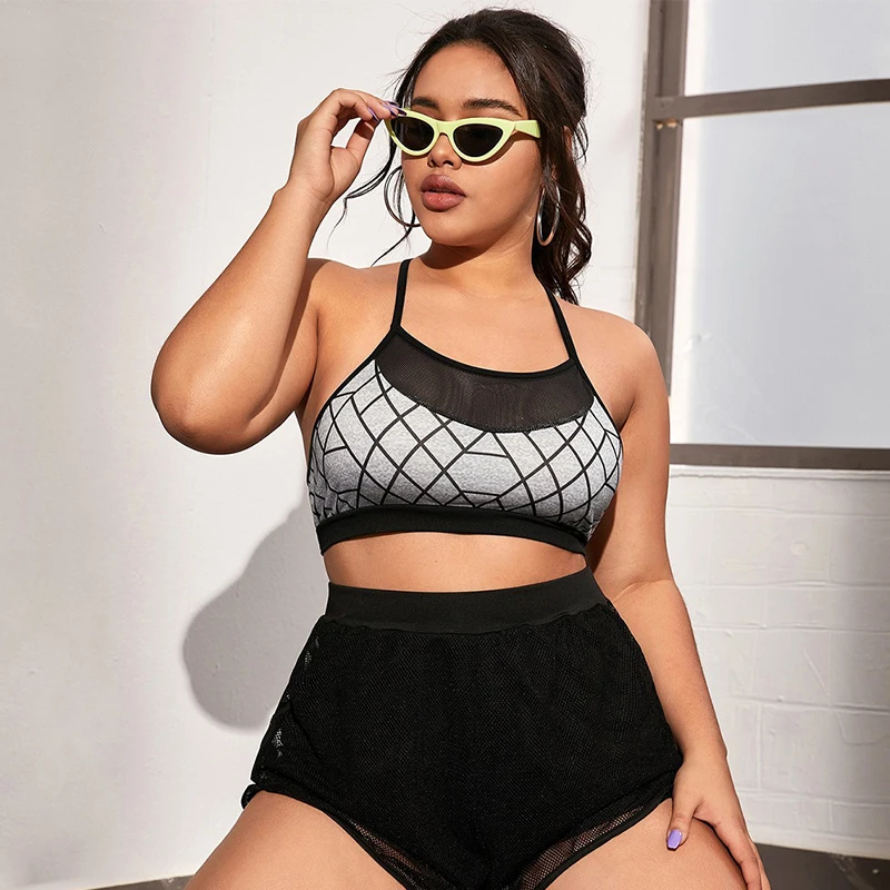 Wholesale Printed Patchwork Mesh Round Neck Sport Vest Plus Size Yoga Bra Gym Running Underwear Sports Bra Women