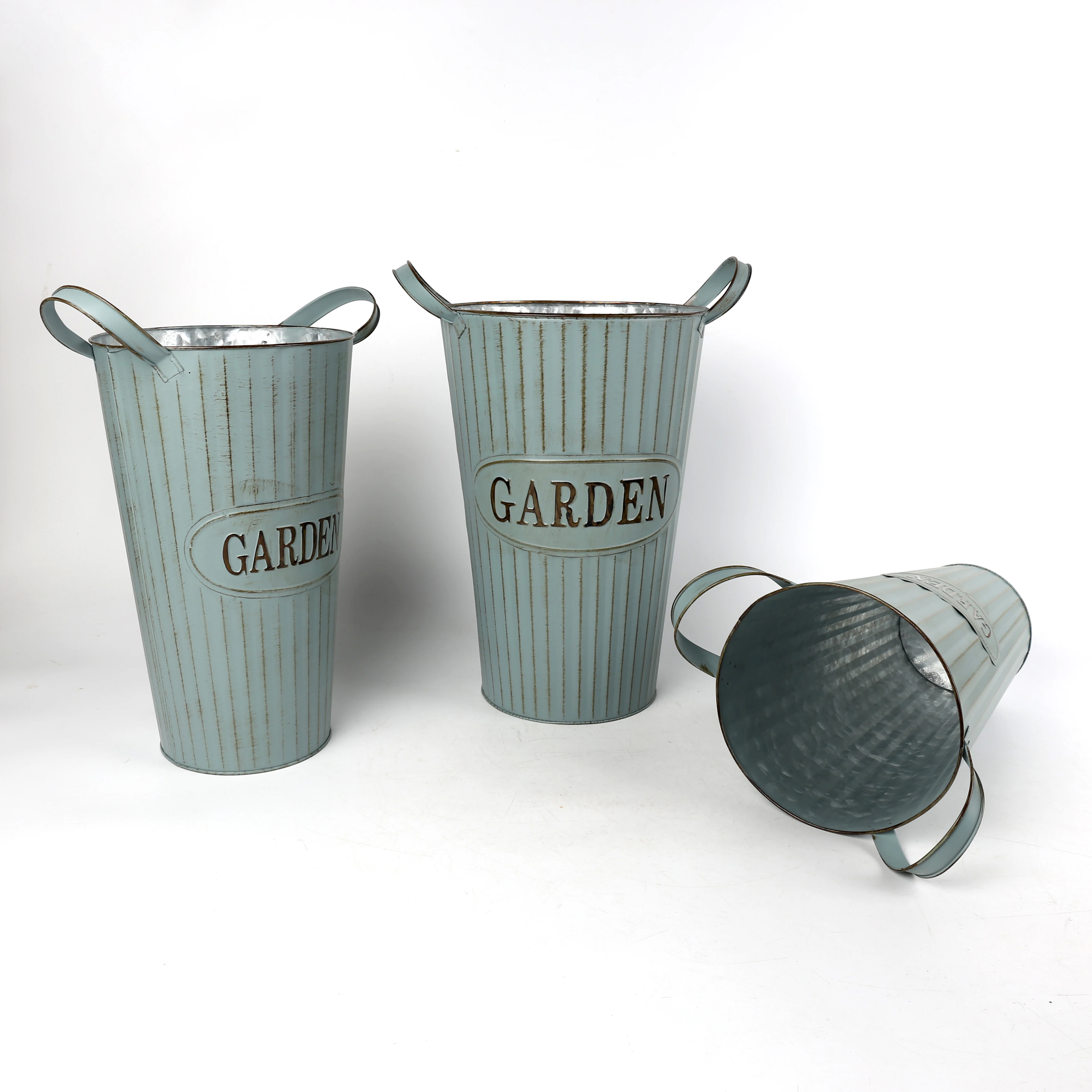 Set of three large vintage and distressed metal vases home decor flowers vase and pots