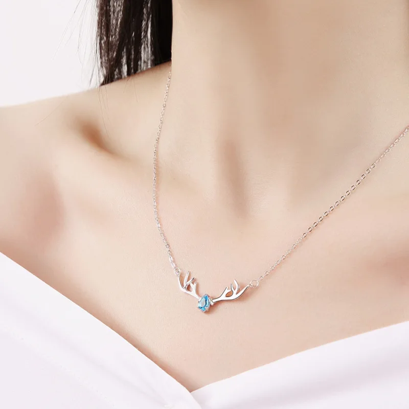 s925 sterling silver elk antler pendant necklace women jewelry crystal deer necklace