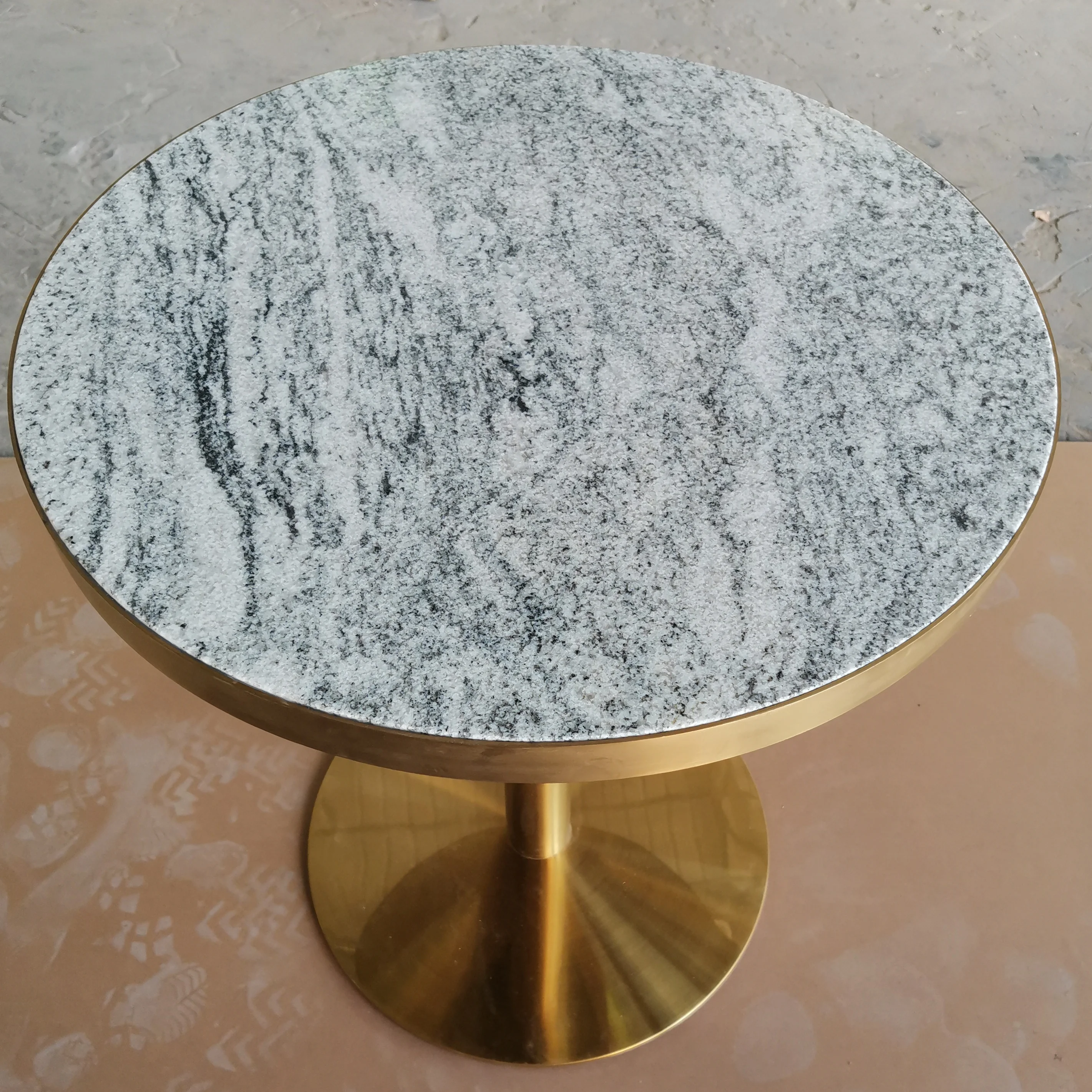 Customized White grey restaurant round granite table top golden stainless steel frame metal base