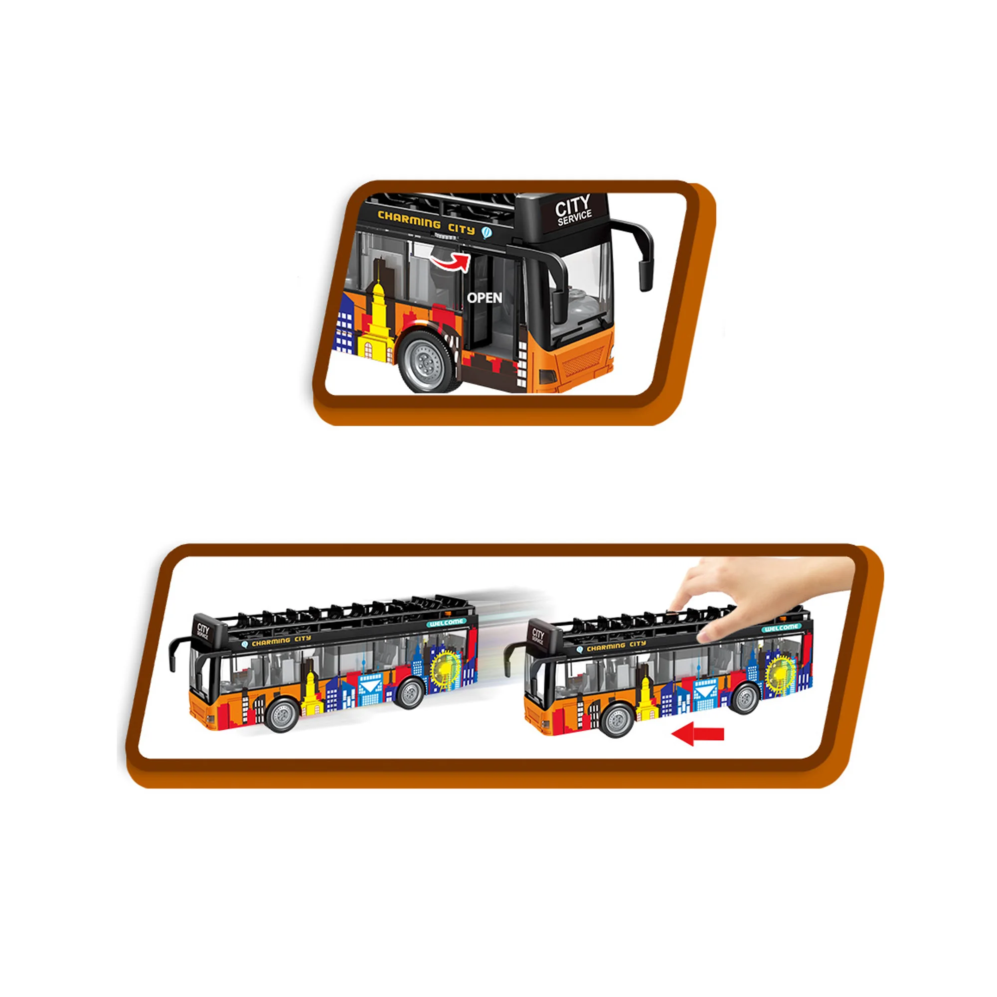 1/16 Plastic UV Printing Friction Powered Double Decker City Bus With Light Sound For Toddlers