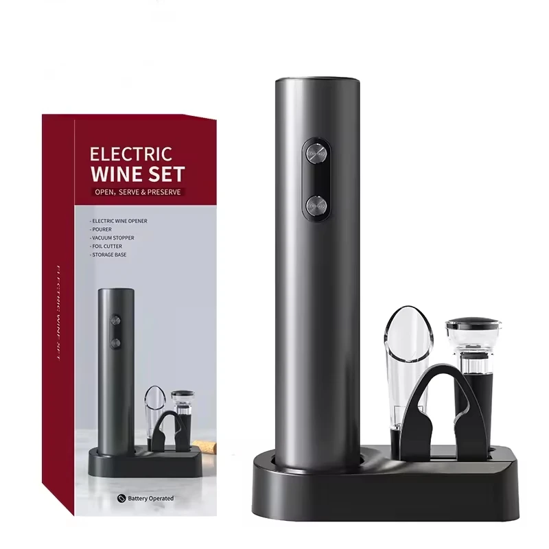 Battery Operated Custom Logo Electric Wine Opener Set with Foil Cutter Vacuum Wine Stopper Pourer and Storage Base
